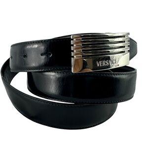 Rare Genuine VERSACE Logo Black Leather Belt Silver Buckle Size 44 Reversible